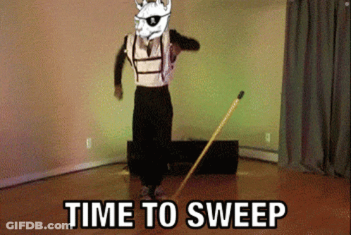 A Man In A Llama Costume Is Dancing With A Mop And The Words Time To Sweep Below Him GIF