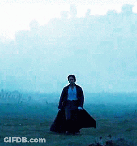 A Man In A Long Black Coat Is Walking Through A Field GIF