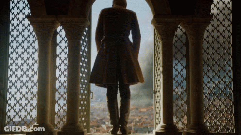 A Man In A Long Coat Is Standing In Front Of A Window GIF