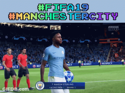 A Man In A Manchester City Jersey Holds A Soccer Ball On A Field GIF