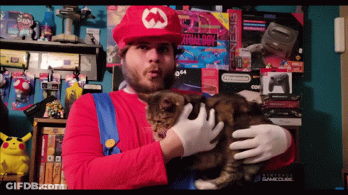 Mario Costume Man Holding Cat In Front Of Nintendo GameCube GIF