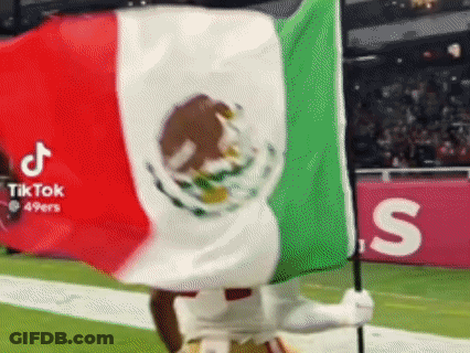 A Man In A Mascot Costume Is Holding A Mexican Flag On A Football Field . GIF