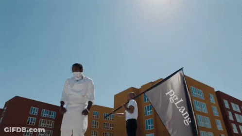 A Man In A Mask Holds A Flag That Says Pg Lane GIF