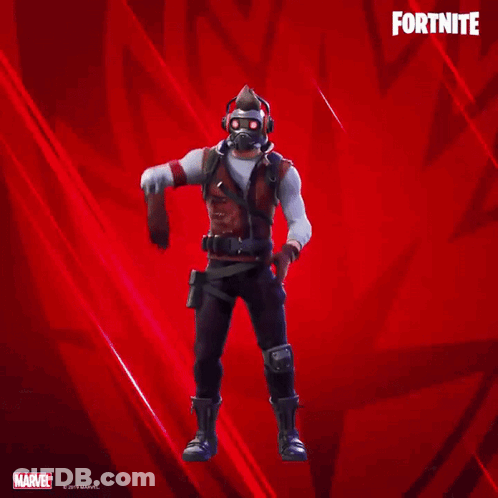 A Man In A Mask Is Dancing In Front Of A Red Background With Fortnite Written On It GIF