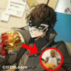 A Man In A Mask Is Eating A Hamburger With A Red Arrow Pointing To A Person In The Background GIF