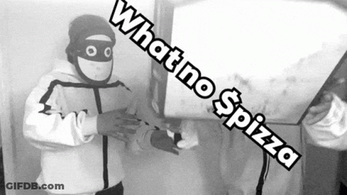 A Man In A Mask Is Holding A Box That Says Whatno Spizza On It GIF