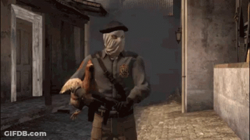 A Man In A Mask Is Holding A Chicken And A Gun In A Video Game . GIF