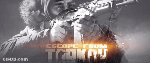 A Man In A Mask Is Holding A Gun In Front Of The Words Escape From Tarkov . GIF