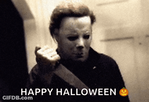 A Man In A Mask Is Holding A Knife And The Words Happy Halloween Are Above Him GIF
