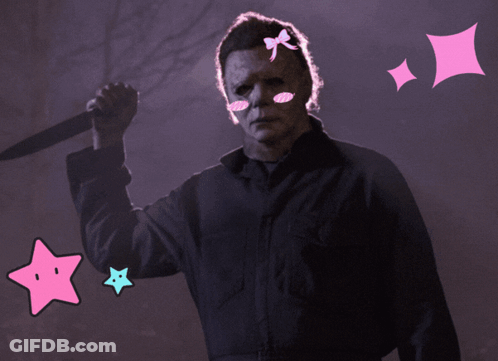 A Man In A Mask Is Holding A Large Knife With Pink Stars Around Him GIF