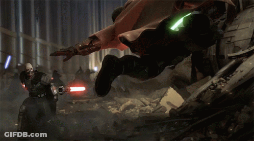 A Man In A Mask Is Holding A Red Light Saber In His Hand GIF