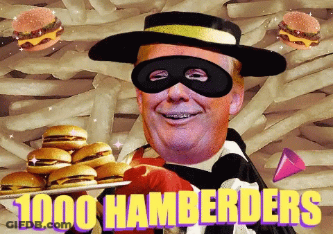 A Man In A Mask Is Holding A Tray Of Hamburgers And The Words 1000 Hamberders Are Above Him GIF
