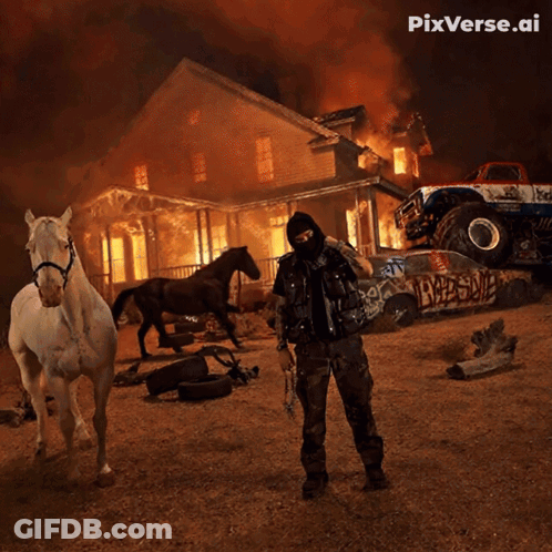 A Man In A Mask Is Standing In Front Of A Burning House And A Monster Truck GIF