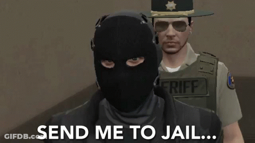 A Man In A Mask Is Standing Next To A Sheriff With The Words Send Me To Jail Below Him GIF