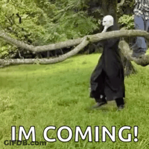 A Man In A Mask Is Walking Through A Field Holding A Tree Branch . GIF