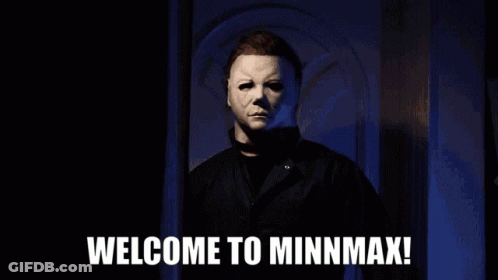 A Man In A Mask Is Waving In Front Of A Sign That Says Welcome To Minmax GIF