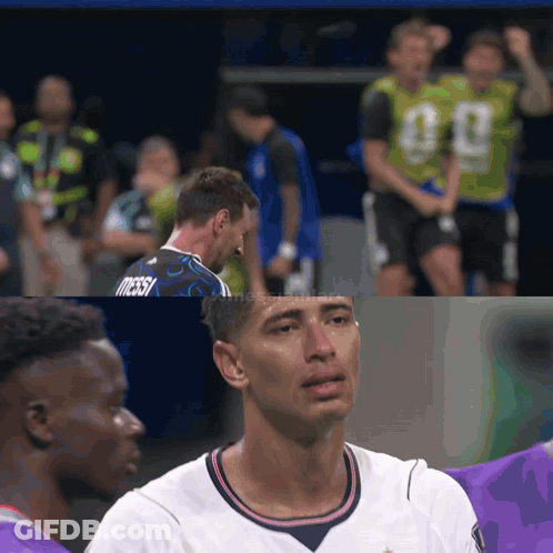 A Man In A Messi Jersey Is Crying In Front Of A Group Of Players GIF