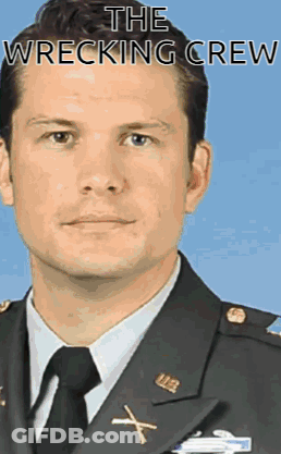 A Man In A Military Uniform And Tie With The Words The Wrecking Crew Written Above Him GIF