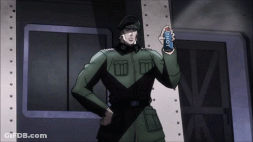 A Man In A Military Uniform Holds A Can Of Thot Energy Drink GIF