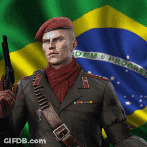 A Man In A Military Uniform Holds A Gun In Front Of A Brazilian Flag That Says Idem E Progress GIF