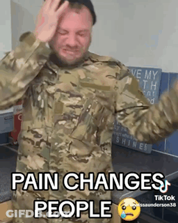 A Man In A Military Uniform Is Crying And Says Pain Changes People On The Bottom GIF