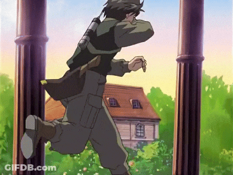 A Man In A Military Uniform Is Running In Front Of A Building GIF