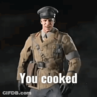 A Man In A Military Uniform Is Standing In Front Of A Black Background With The Words `` You Cooked '' . GIF