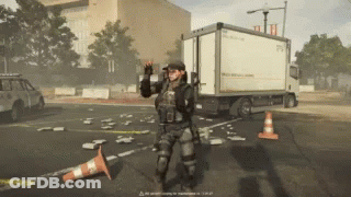 A Man In A Military Uniform Is Standing In Front Of A White Truck That Says ' Dhl ' On It GIF