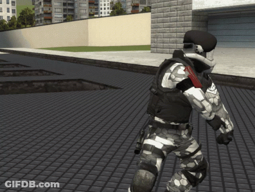 A Man In A Military Uniform Is Walking On A Tiled Floor In Front Of A Building GIF