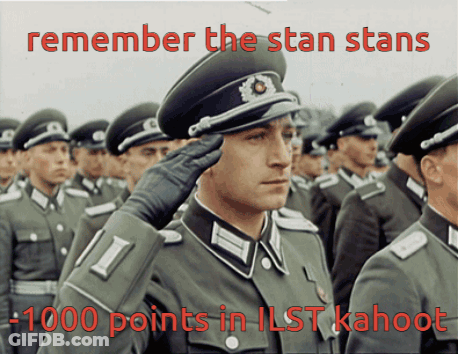 A Man In A Military Uniform Salutes With The Words Remember The Stan Stans 1000 Points In Ilst Kahoot Above Him GIF
