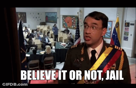 A Man In A Military Uniform Says " Believe It Or Not Jail " In Front Of A Crowd GIF