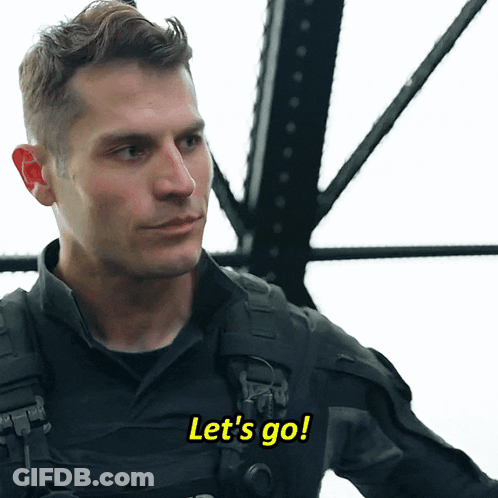 A Man In A Military Uniform Says Let 'S Go In Yellow Letters GIF