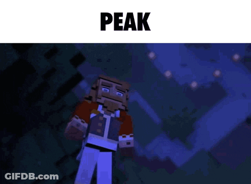 A Man In A Minecraft Video Game Is Standing In The Dark With The Word Peak Above Him GIF