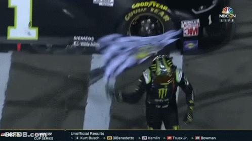 A Man In A Monster Shirt Stands In Front Of A Car That Says Good Year GIF