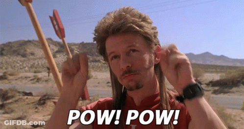 A Man In A Mullet Holds An Arrow And Says Pow GIF