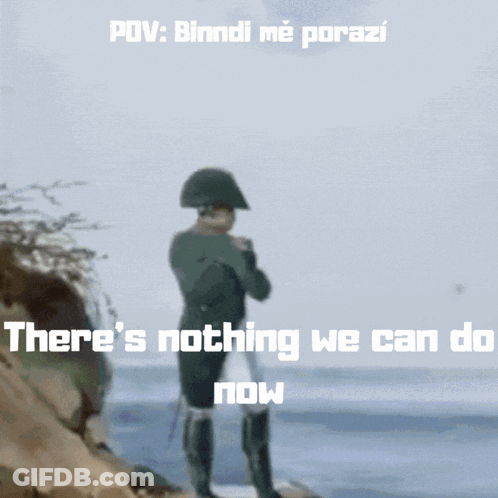 A Man In A Napoleon Hat Stands On A Beach With The Words " There 'S Nothing We Can Do Now GIF