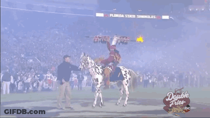 A Man In A Native American Costume Stands On A Football Field With A Horse GIF