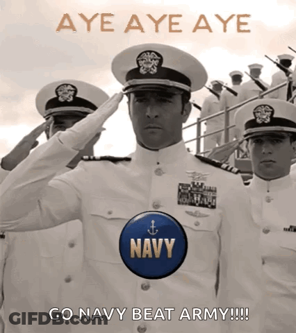 A Man In A Navy Uniform Salutes With A Button That Says Navy On It GIF