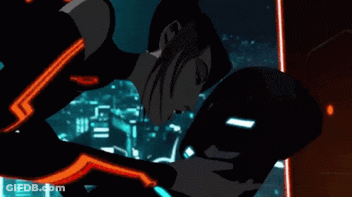 A Man In A Neon Suit Is Holding A Woman GIF