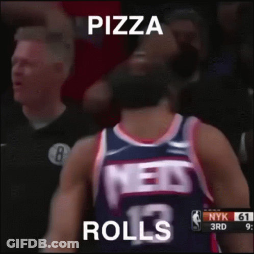 A Man In A Nets Jersey Says Pizza Rolls In Front Of A Crowd GIF