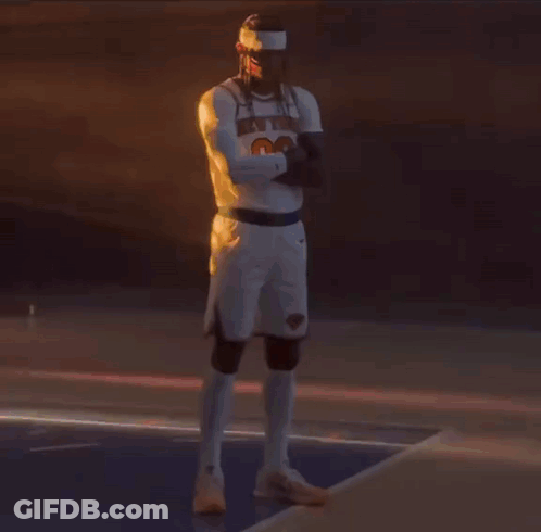 A Man In A New York Jersey Stands On A Court GIF