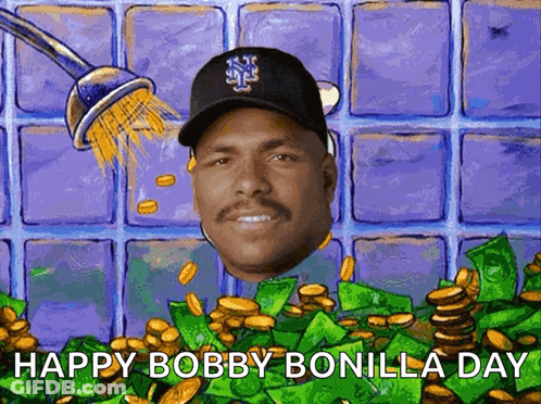 A Man In A New York Mets Hat Is Showered With Gold Coins And Says Happy Bobby Bonilla Day GIF