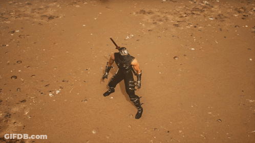 A Man In A Ninja Costume Is Holding A Sword In His Right Hand GIF