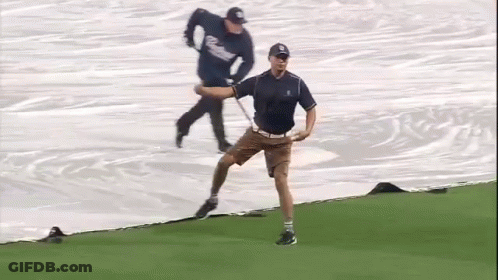 A Man In A Ny Hat Is Standing On A Field With His Arms Outstretched GIF