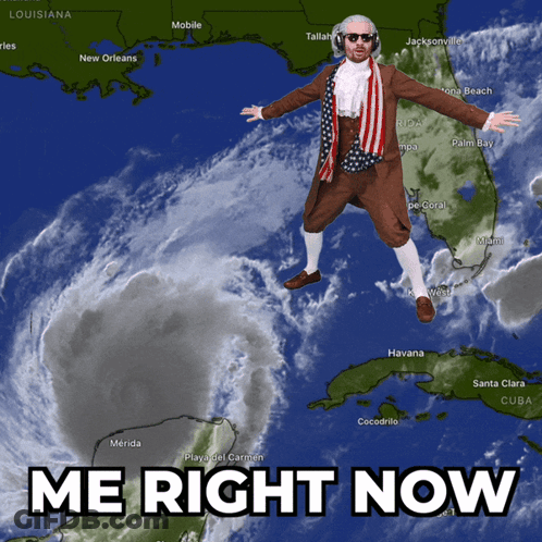 A Man In A Patriotic Outfit Is Flying Over A Map Of Louisiana And Florida GIF