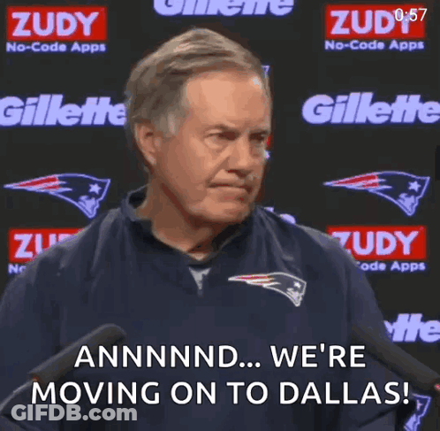 A Man In A Patriots Jersey Is Talking Into A Microphone And Says We 'Re Moving On To Dallas GIF