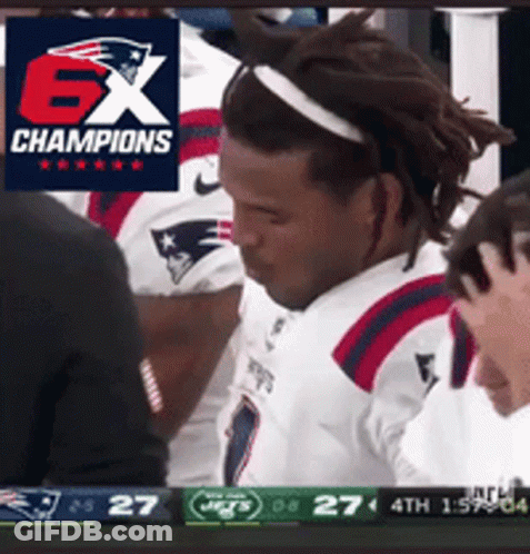 A Man In A Patriots Jersey Stands In Front Of A Screen That Says Ex Champions GIF