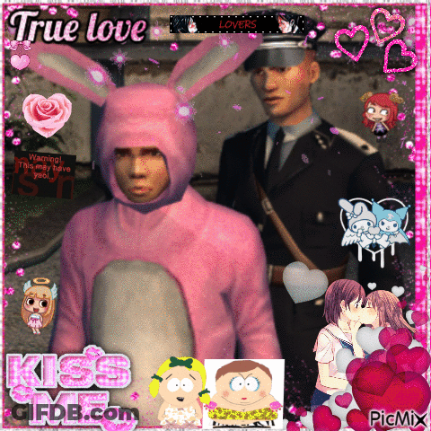 A Man In A Pink Bunny Suit Stands Next To A Man In A Black Uniform GIF