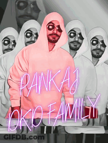 A Man In A Pink Hoodie Stands In Front Of A Neon Sign That Says Pankaj Okjo Family GIF