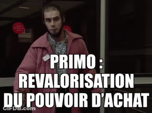 A Man In A Pink Jacket With The Words Primo Revalorisation Du Pouvoir D' Achat GIF